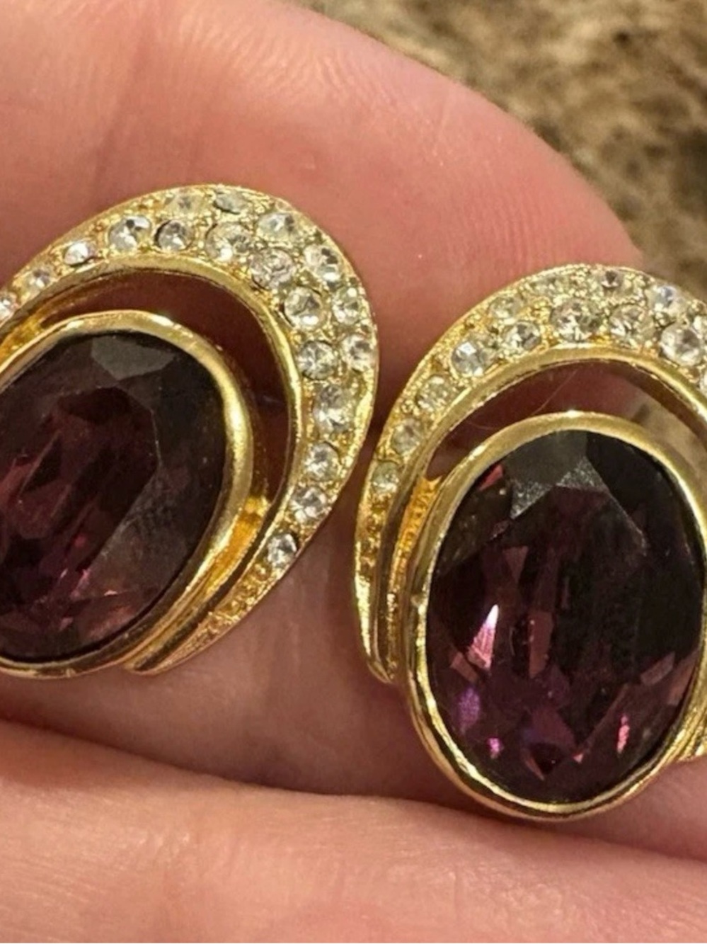 Christian Dior Gold-Tone Purple Crystal Oval Stud Earrings